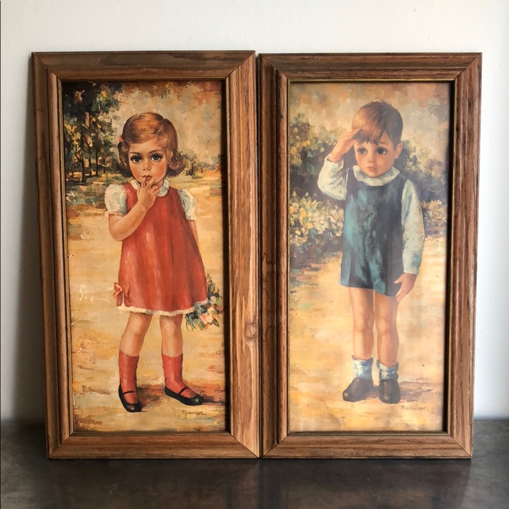 1960's Myrle Medeiros Lithograph Big-Eyed Prints of JFK Jr and Caroline